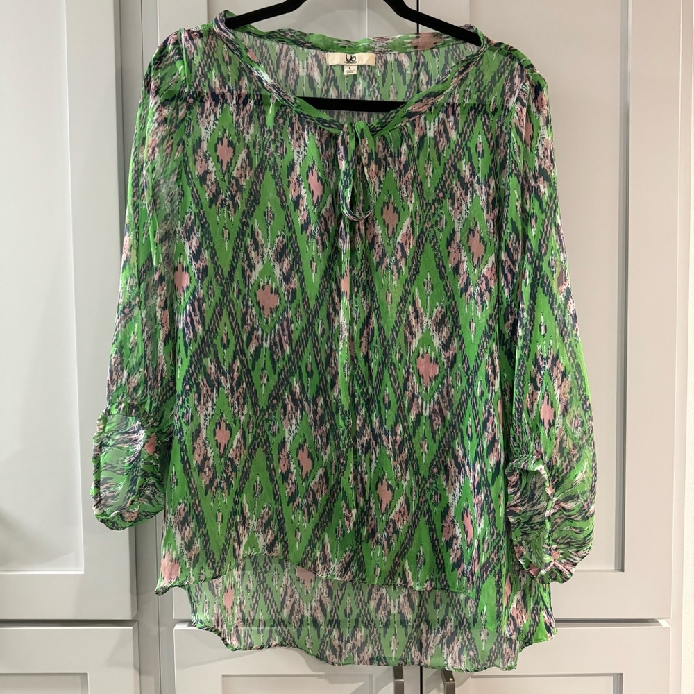 Ya Los Angeles Silk Blend Sheer Button Up Blouse with Tie at Neck Green Print